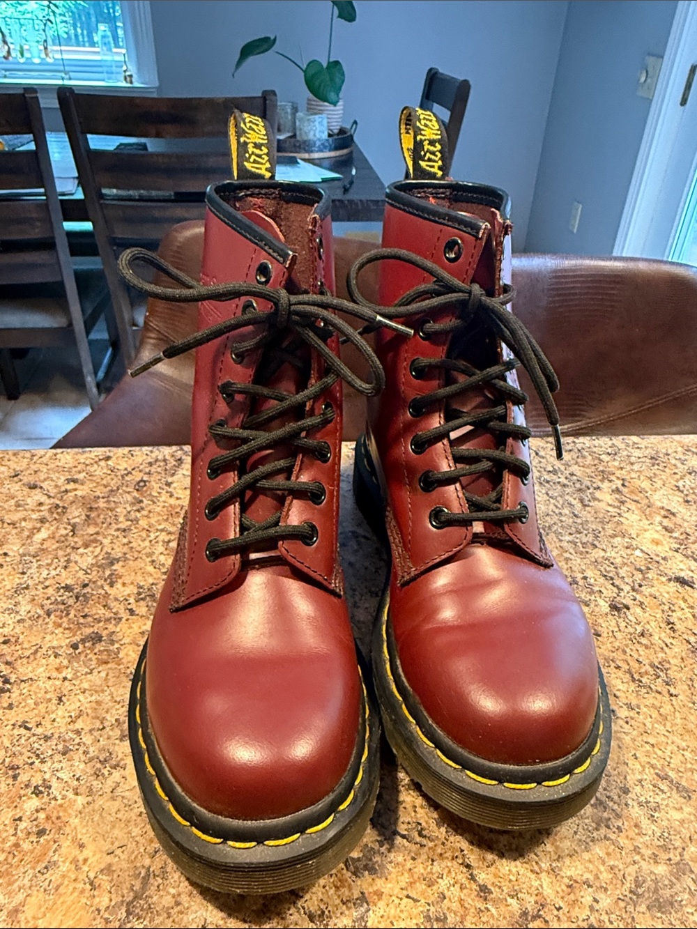 Dr. Martens Burgundy Leather Lace-Up Boots with Yellow Welt Stitching